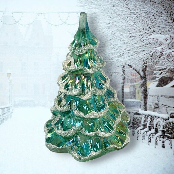 Fenton Style Iridescent Glass Christmas Tree w/ Gold Bird & Snow Flocking 6.5" - Picture 3 of 8